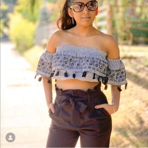 Black and white gingham off the shoulder top with tassels. American eagle